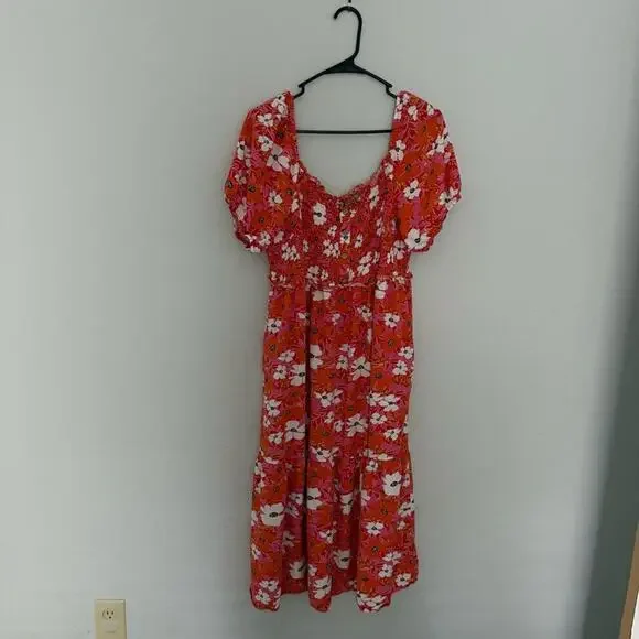 Orange & Pink Floral Print Dress Off the Shoulder - Picture 6 of 6